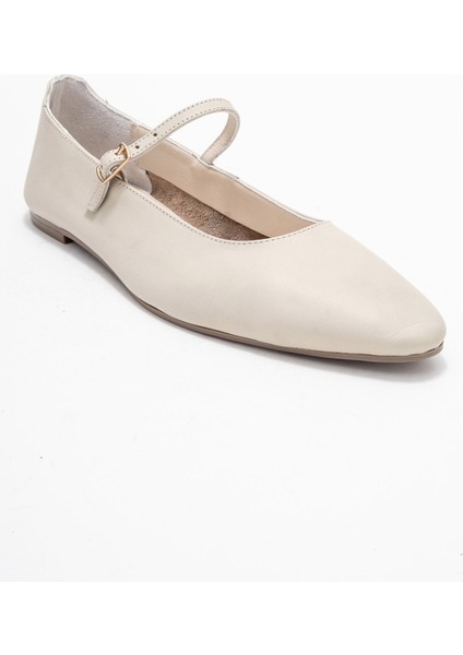 Lunaıre Ekru Hakiki Deri Tek Bantlı Sivri Burun Kadın Babet Ayakkabı