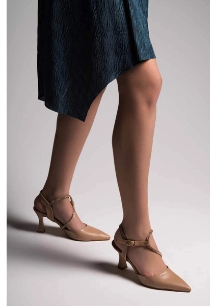 New İlme Nude Kadın Taşlı Topuklu Ayakkabı