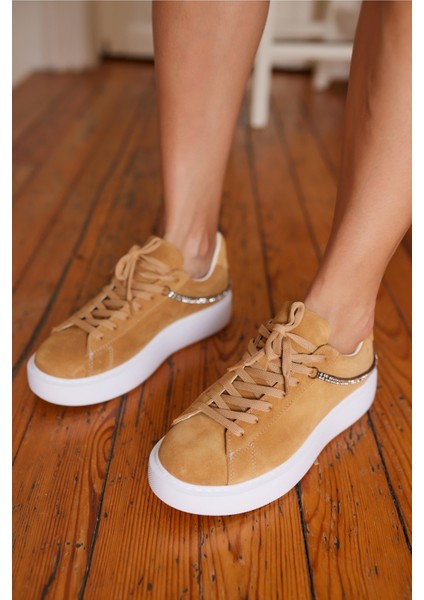 Polinas Kadin Camel Taş Detay Gercek Deri Suet Sneaker fiyatları