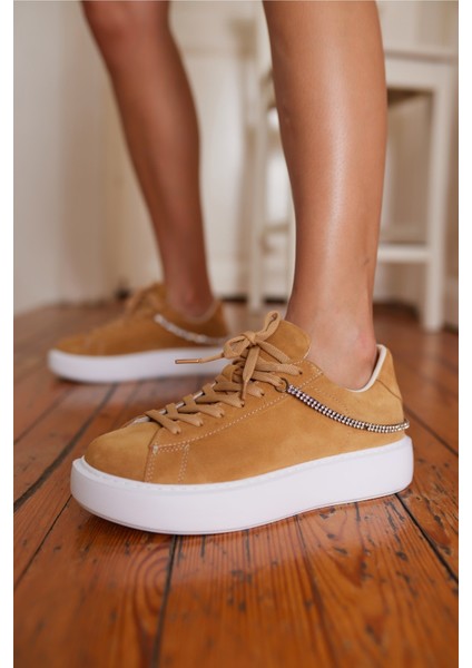 Polinas Kadin Camel Taş Detay Gercek Deri Suet Sneaker modelleri