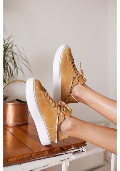 Polinas Kadin Camel Taş Detay Gercek Deri Suet Sneaker fırsatları