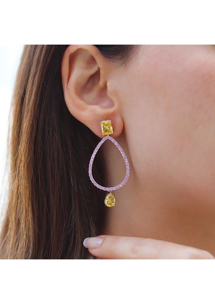 Damla Pembe Sitrin Taşlı Gümüş Küpe