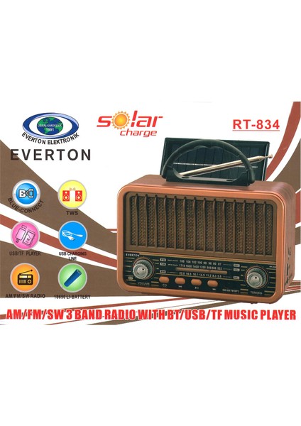 Everton RT-834 Bluetooth Radyo-Tf Card-Usb-Kumandalı Nostaljik Radyo Solar Güneş Panelli fiyatları