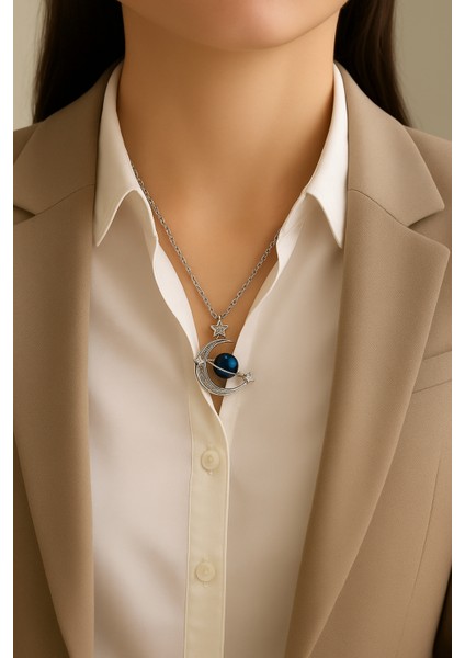 Ay ve Yıldız Mavi Taşlı Paslanmaz Çelik Kolye