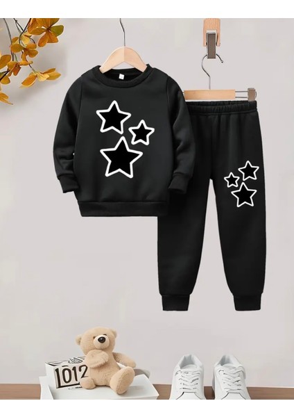 Özel Tasarım Yuvarlak Yaka Üç Yıldız Baskılı %100 Pamuk Kışlık Kız Çocuk Trend Eşofman Takımı