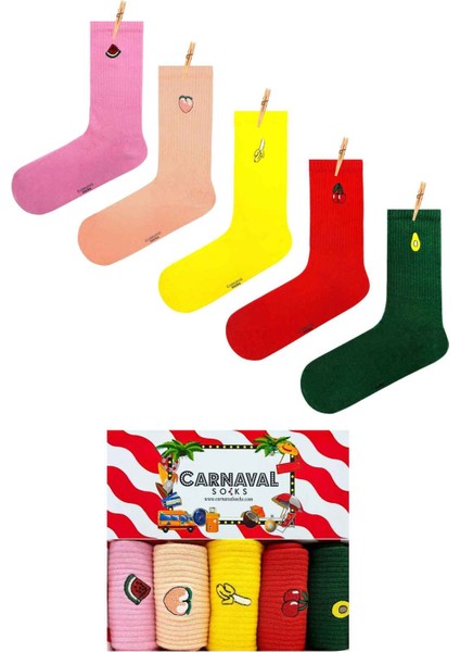 Unisex 5’li Nakışlı Meyve Desenli Renkli Çorap Seti | Hediye Kutulu Pamuklu Çoraplar