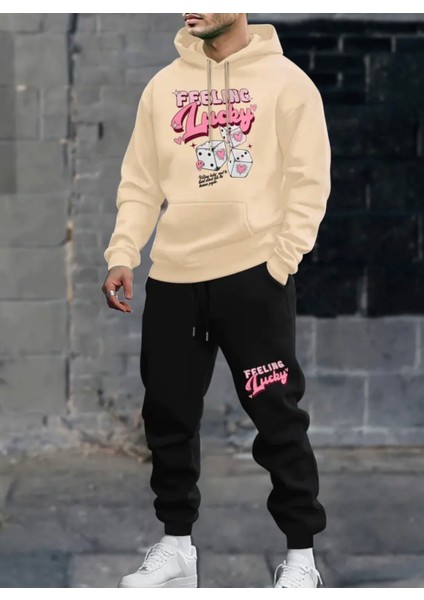 Büyük Beden Özel Tasarım Kapüşonlu Feeling Lucky Baskılı %100 Pamuk Kışlık Dış Mekan Erkek Eşofman Takımı