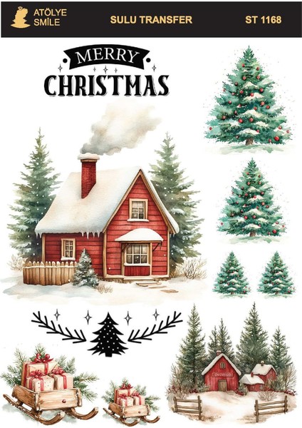 ST1168 Karlı Ev, Çam Ağacı Desenli Açık Zemin Sulu Transfer 25*35 cm