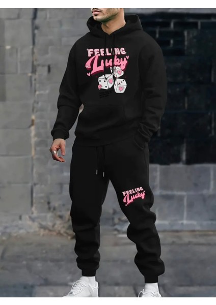 Büyük Beden Özel Tasarım Kapüşonlu Feeling Lucky Baskılı %100 Pamuk Kışlık Dış Mekan Erkek Eşofman Takımı