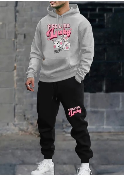 Büyük Beden Özel Tasarım Kapüşonlu Feeling Lucky Baskılı %100 Pamuk Kışlık Dış Mekan Erkek Eşofman Takımı