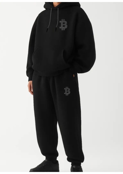 Büyük Beden Özel Tasarım Kapüşonlu B Baskılı Kışlık Hip Hop Sokak Modası Erkek Eşofman Takımı