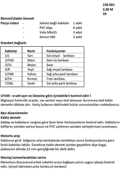 7 Pin Çeki Demiri Elektrik Tesisatı 2 Metre Kablo modelleri