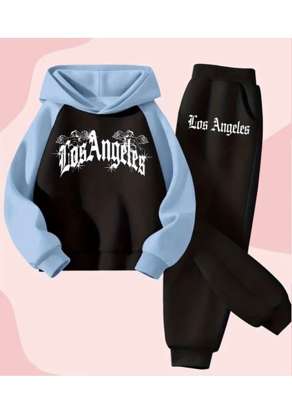 Büyük Beden Özel Tasarım Los Angeles Melekleri Baskılı Kapüşonlu Modern Kadın Eşofman Takımı