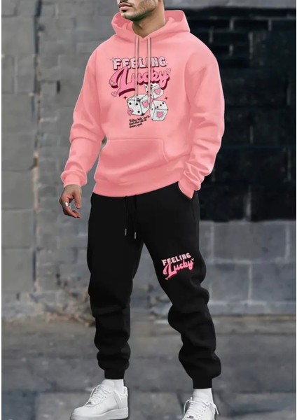 Büyük Beden Özel Tasarım Kapüşonlu Feeling Lucky Baskılı %100 Pamuk Kışlık Dış Mekan Erkek Eşofman Takımı