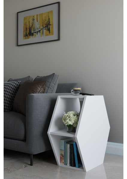 Altıgen Tasarım Yan Sehpa ,modern Koltuk Yanı Sehpa, Dekoratif Kitaplık, Çok Amaçlı Salon Sehpası