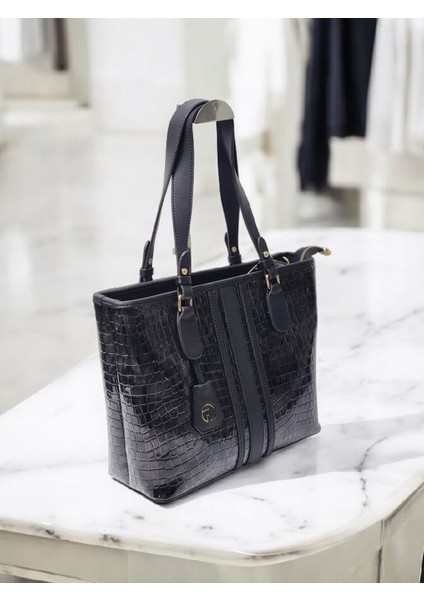 Siyah-Gri Dokulu Kroko Kadın El Omuz Çantası fırsatları