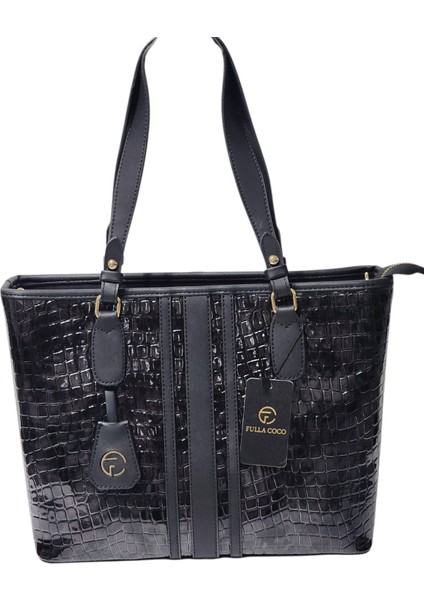 Siyah-Gri Dokulu Kroko Kadın El Omuz Çantası