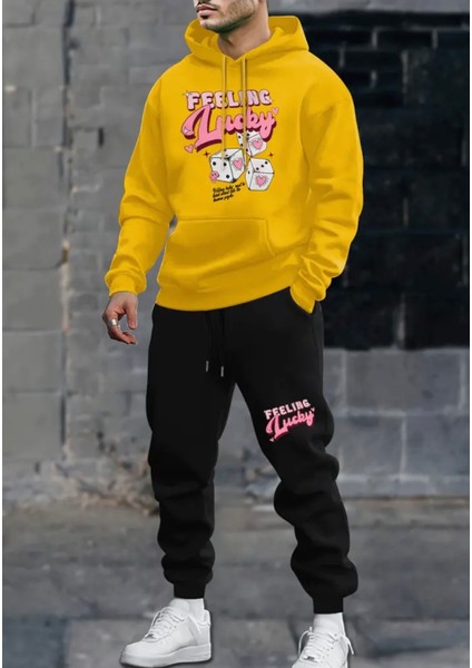 Büyük Beden Özel Tasarım Kapüşonlu Feeling Lucky Baskılı %100 Pamuk Kışlık Dış Mekan Erkek Eşofman Takımı