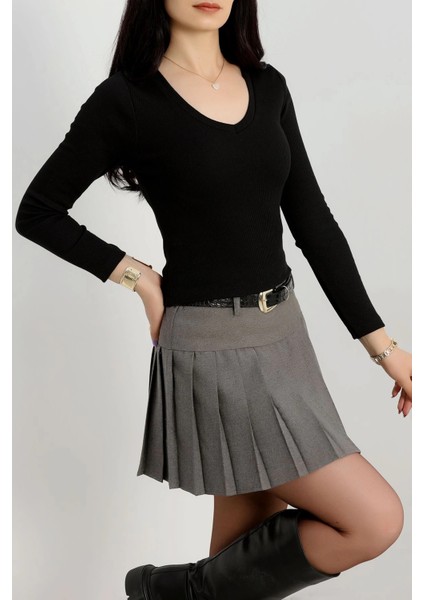 V Yaka Kaşkorse Bluz Siyah A3699 fırsatları