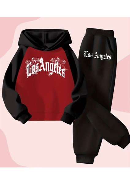 Büyük Beden Özel Tasarım Los Angeles Melekleri Baskılı Kapüşonlu Modern Kadın Eşofman Takımı