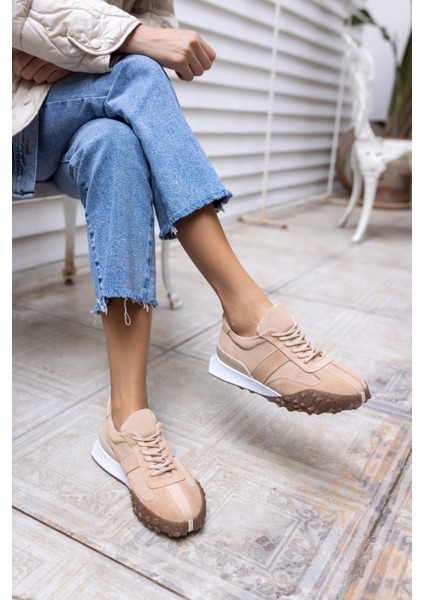Lascor Kadın Bej Yeşil Garnılı Gercek Suet Sneaker