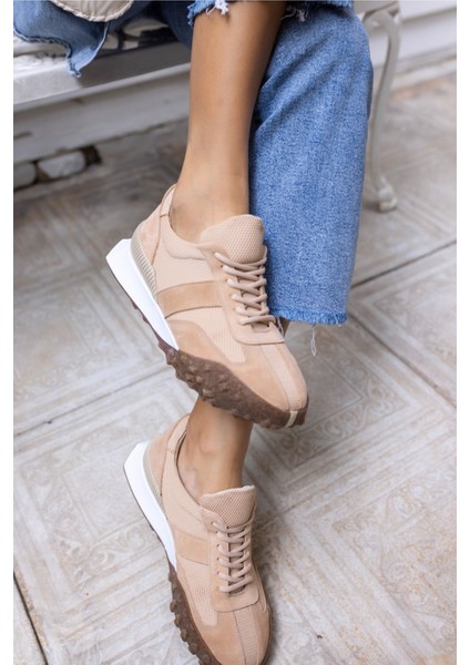 Lascor Kadın Bej Yeşil Garnılı Gercek Suet Sneaker