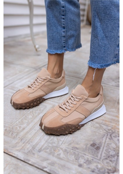 Lascor Kadın Bej Yeşil Garnılı Gercek Suet Sneaker