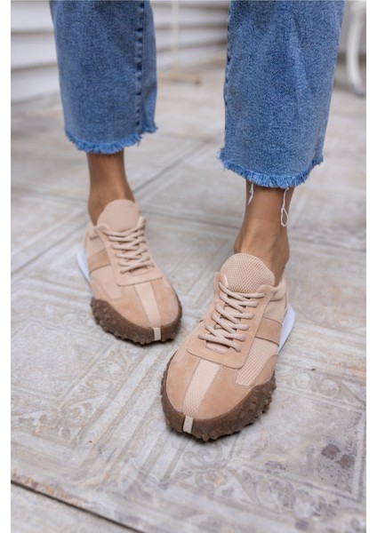 Lascor Kadın Bej Yeşil Garnılı Gercek Suet Sneaker