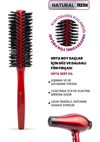 Natural 1123 Kırmızı Saplı Fön Fırçası – Orta Boy Saçlar Için Düz ve Dalgalı Fön Fırçası