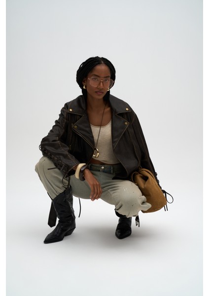 Pocket Kahve İp Detay Suni Deri Ceket