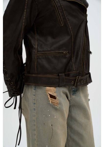 Pocket Kahve İp Detay Suni Deri Ceket