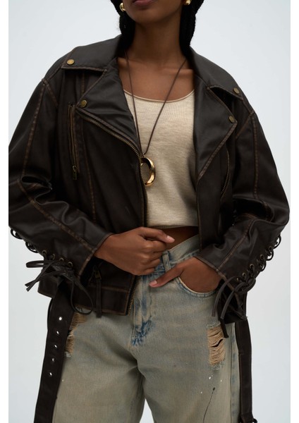 Pocket Kahve İp Detay Suni Deri Ceket