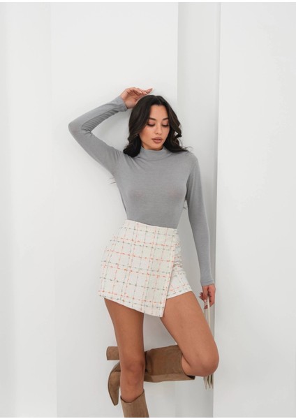 Iki Düğmeli Kaz Ayağı Desen Ch Kumaş Şort Etek Beyazturuncu H26414 fiyatları