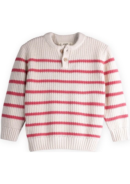 Çizgili Triko Kazak 2-8 Yaş Ekru-Somon Çizgili