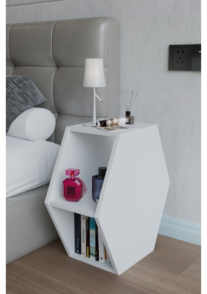 Altıgen Komodin, Modern Yatak Odası Başucu Sehpası, Dekoratif Kitaplık,raflı Komodin
