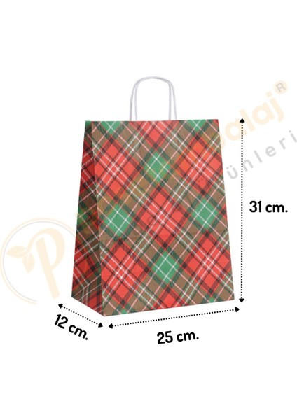 Ekose Desen Kraft Çanta Orta Boy 25X12X31 cm 25 Adet
