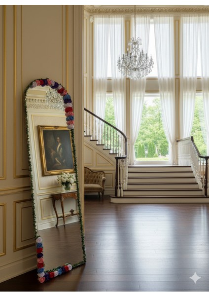 Renkli Solmayan Gül Detaylı Dekoratif Oval Boy Aynası 180X50 Cm– Vibe Design modelleri