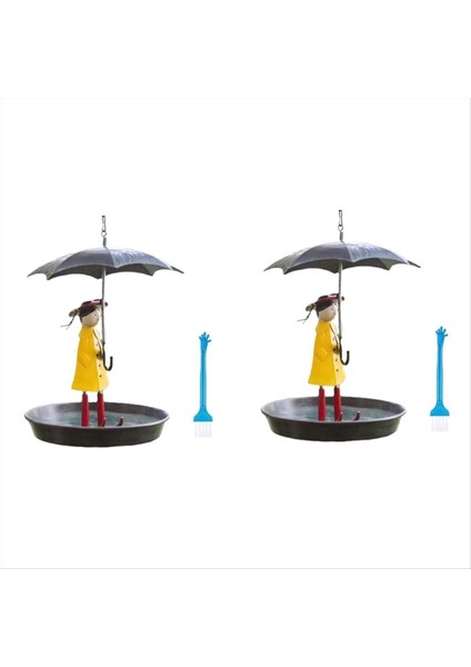 Metal zincir ve şemsiye kız şekli ile açık havada asılı kuş besleyici seti, fırça ile besleyici (Yurt Dışından)