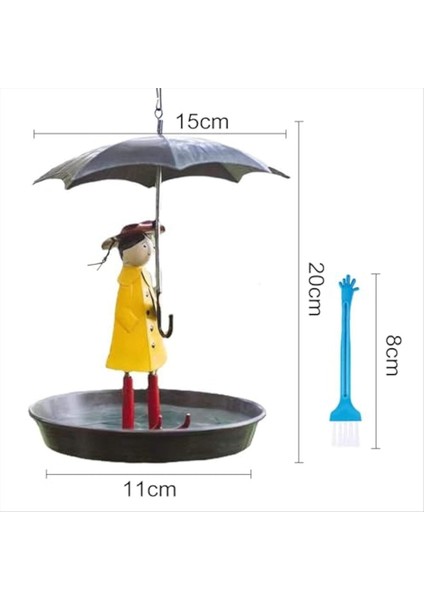 Metal zincir ve şemsiye kız şekli ile açık havada asılı kuş besleyici seti, fırça ile besleyici (Yurt Dışından)