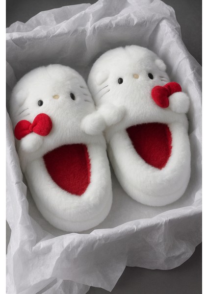 Hello Figürlü Kurdela Detaylı Fiyonklu Kışlık Unisex Ev Terliği Kaydırmaz Taban