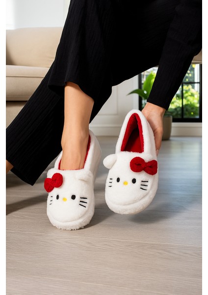 Hello Figürlü Kurdela Detaylı Fiyonklu Kışlık Unisex Ev Terliği Kaydırmaz Taban
