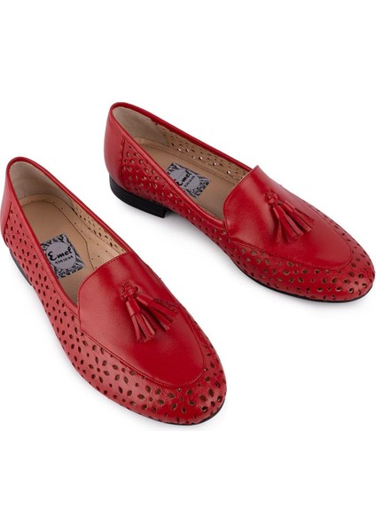 975 Modern Püsküllü Rahat Yumuşak Hakiki Deri Babet 975 Kırmızı