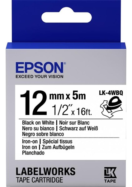 Epson LK-4WBQ Ütüyle Transfer Beyaz Üzeri Siyah 12MM 9metre Etiket