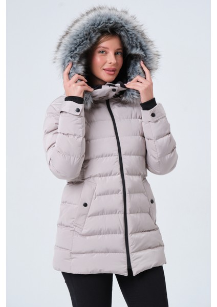 YASMIN22 KADIN MONT Kadın Suni Kürklü Çıkabilir Kapüşonlu Şişme Kaban