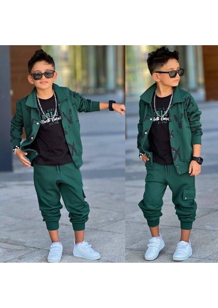 Erkek Çocuk Yeşil Eşofman Takımı – Baskılı Fermuarlı Üst ve Jogger Alt 60290 fırsatları