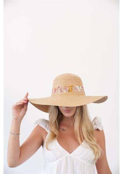 Kadın Lna Natural Çiçek Detaylı Hasır Şapka