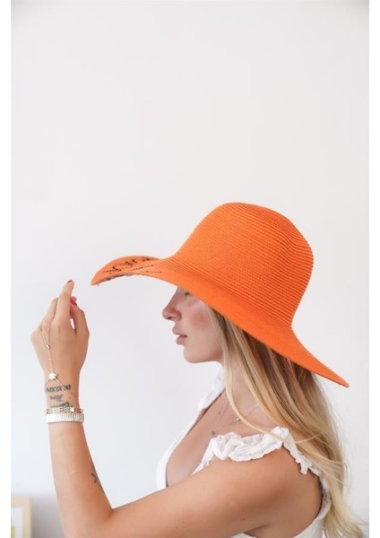 Kadın Vlt Turuncu Yazı Detaylı Kadın Hasır Şapka