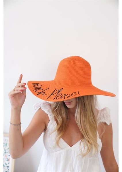 Kadın Vlt Turuncu Yazı Detaylı Kadın Hasır Şapka modelleri
