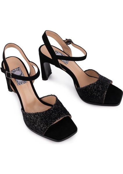 Hakiki Deri Ince Bantlı Modern Abiye Sandalet Siyah Payet 56900