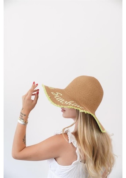 Kadın Edt Naturel Yeşil Yazı Detaylı Hasır Şapka